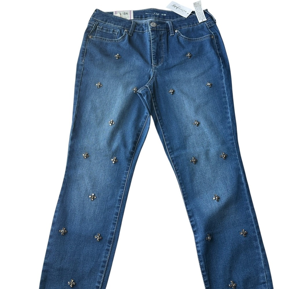 Maison Jules Blue Jeans Boho Chic‎ Mid Rise Rhinestone Slim Boyfriend Size 8/29